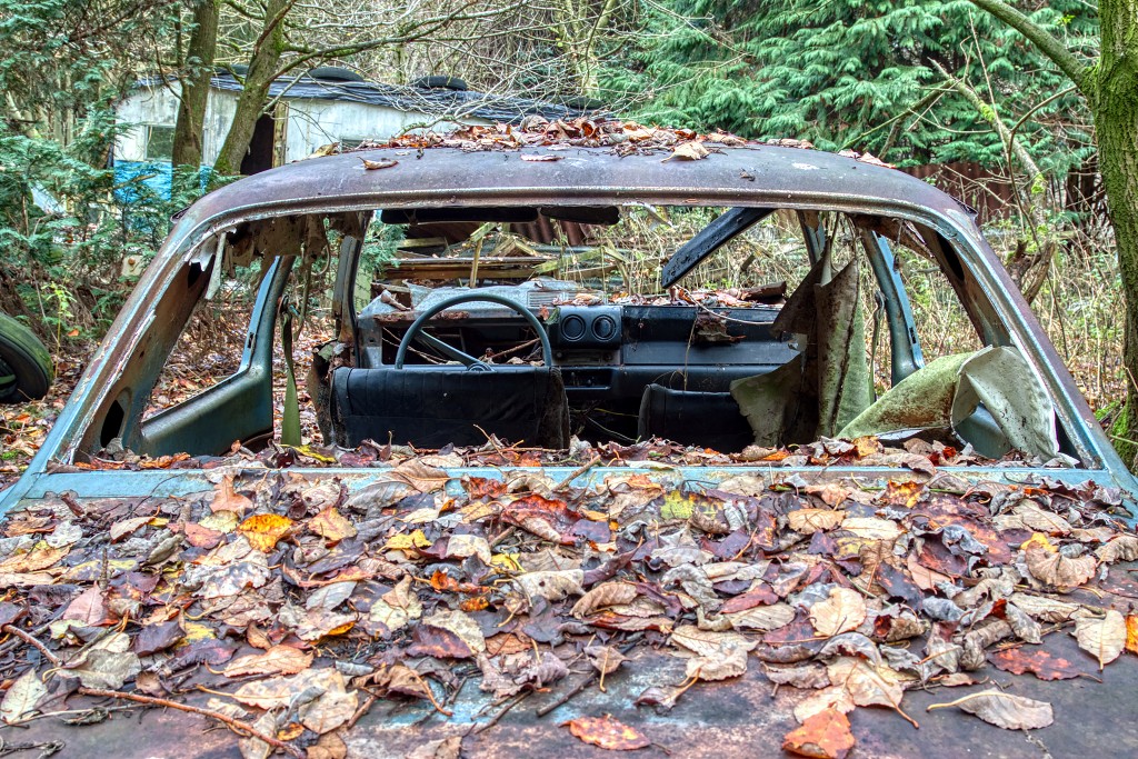 HDR urbex Lost in the Woods lada 1300 opel kadett trash fitou oldtimer youngtimer bus morgon tractor olielamp vuldop Airco generator belgie